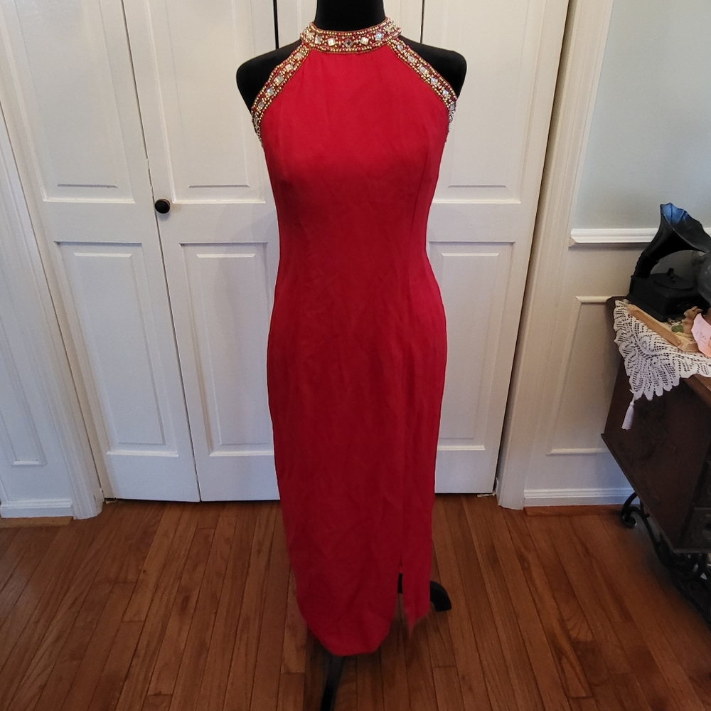 Y2k  Red Beaded Halter Dress 4  Strappy Back Side Slit Prom Formal Homecoming